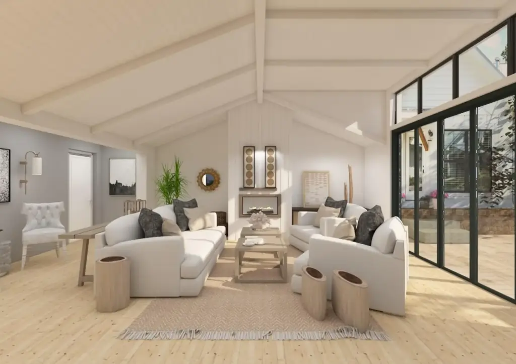 Contemporary living room with vaulted ceilings and a fireplace