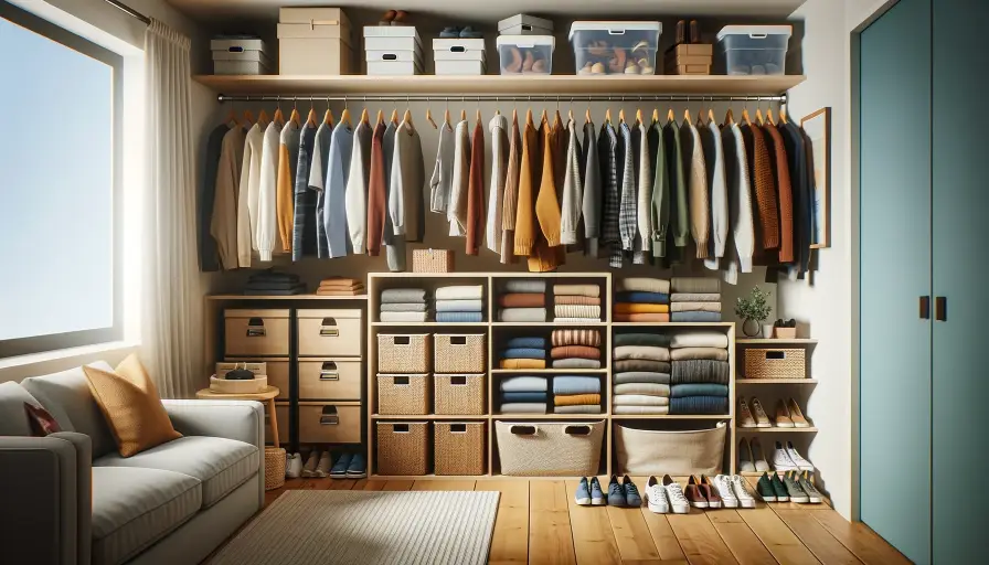 storage beneath the hanging clothes