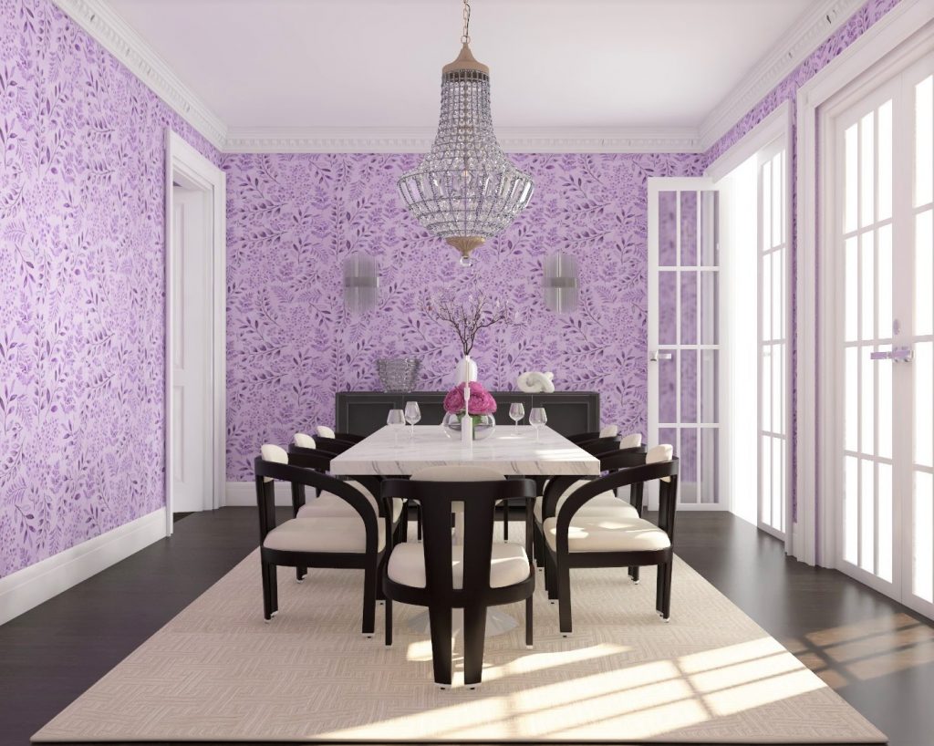 A modern dining room with a large rectangular table, black chairs, and a crystal chandelier hanging from the ceiling.