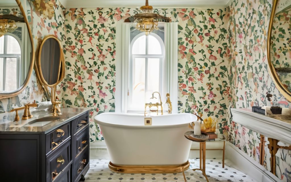 Grand Millennial Bathroom Wallpaper Design