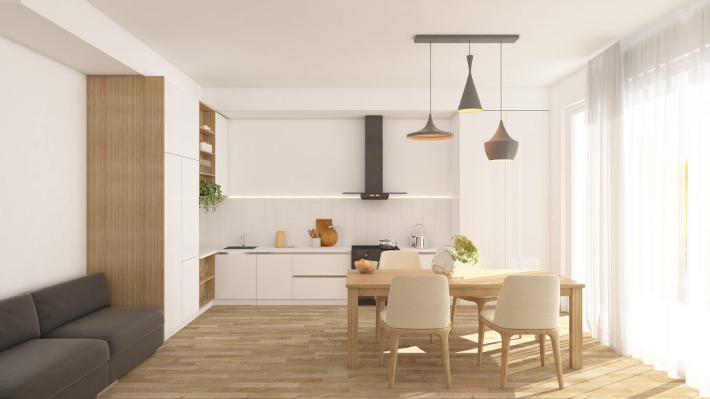 modern kitchen and dining room area with a minimalist design