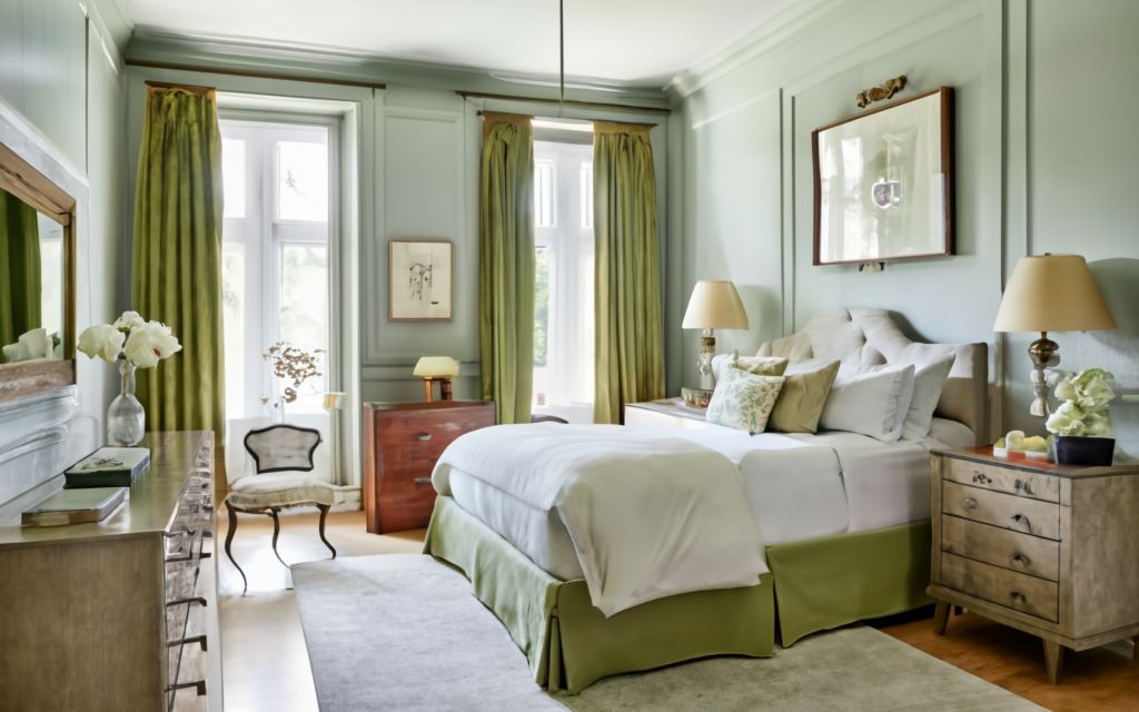 Mossy green and white bedroom