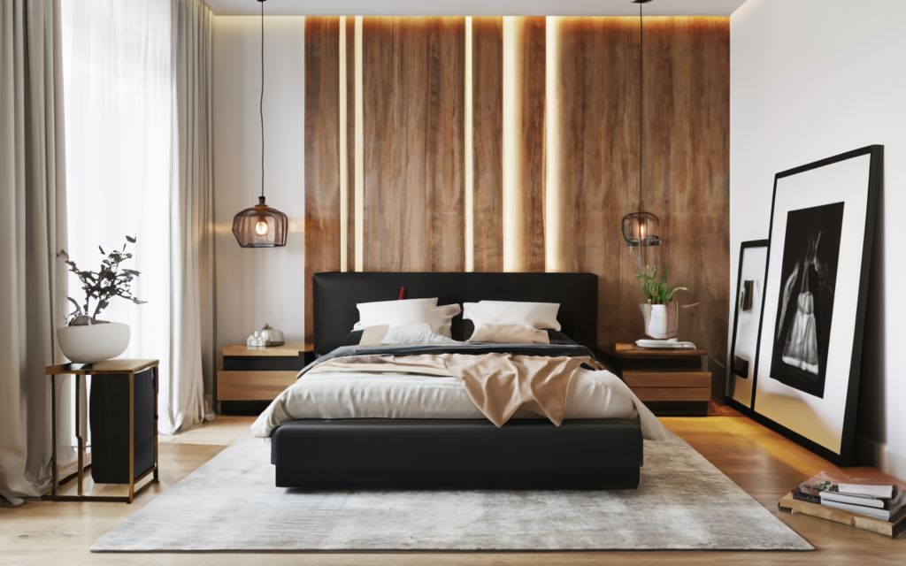 White and hazelnut bedroom with black accents