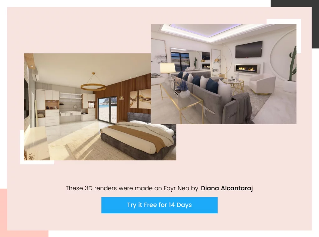 Bedroom 3D renders done with Foyr Neo
