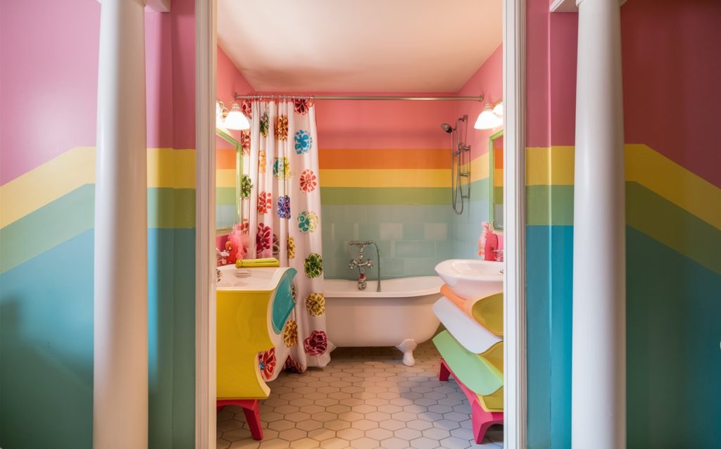 Colorful bathroom paint ideas featuring pastel rainbow hues popular in the 1960s.