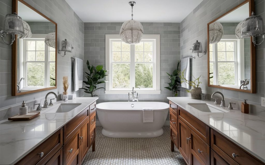 Elegant bathroom with gray tiled walls, a freestanding white bathtub, dual vanities with wooden cabinetry, and large mirrors reflecting natural light.