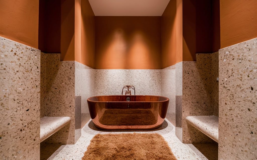 Stylish bathroom featuring burnished brown cabinetry, off-white walls, a large vanity mirror, and modern fixtures, creating a warm and inviting ambiance.