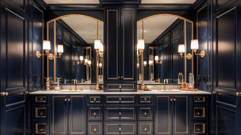 Elegant interior design featuring navy blue and brass accents, showcasing a sophisticated and modern style