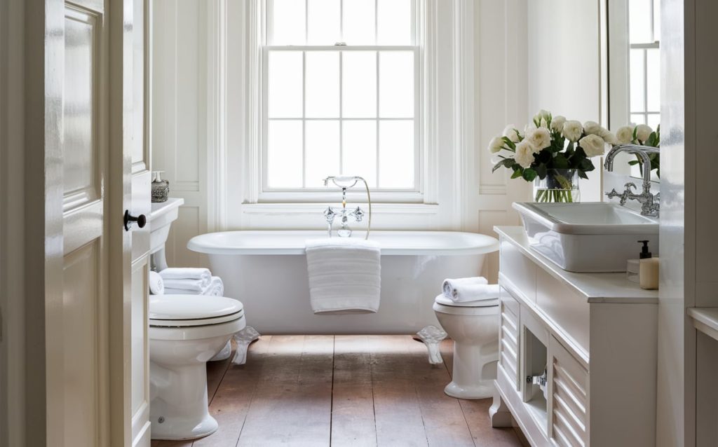 Bright and airy bathroom with all-white walls, fixtures, and cabinetry, featuring a freestanding bathtub