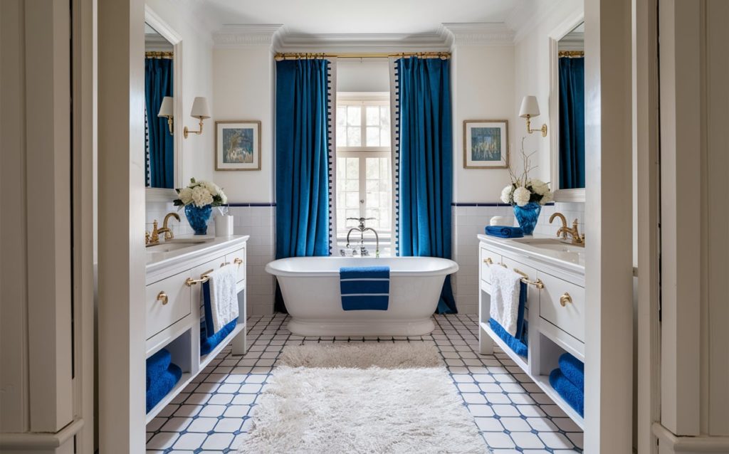 Elegant bathroom with deep Oxford blue walls, crisp white accents, a freestanding bathtub