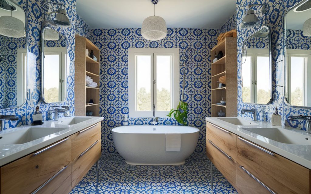 Blue and white painted bathroom in contemporary Moroccan style