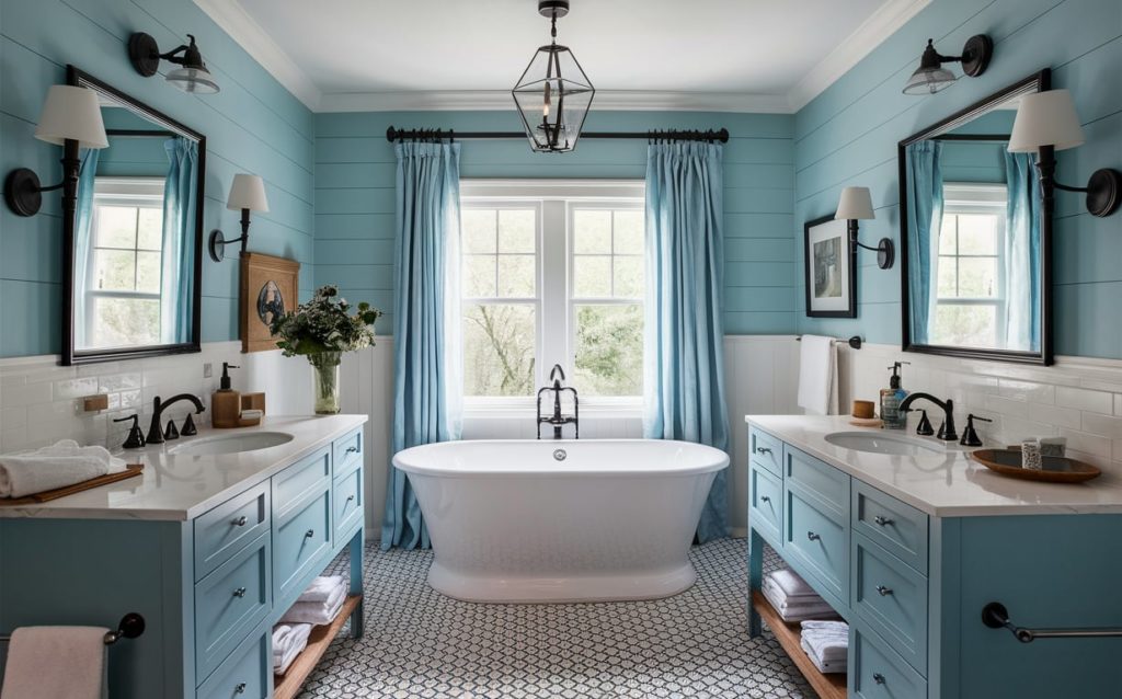 Charming bathroom with soft powder blue walls, white accents, a freestanding bathtub, double vanities with matching cabinetry, and natural light streaming through large windows.