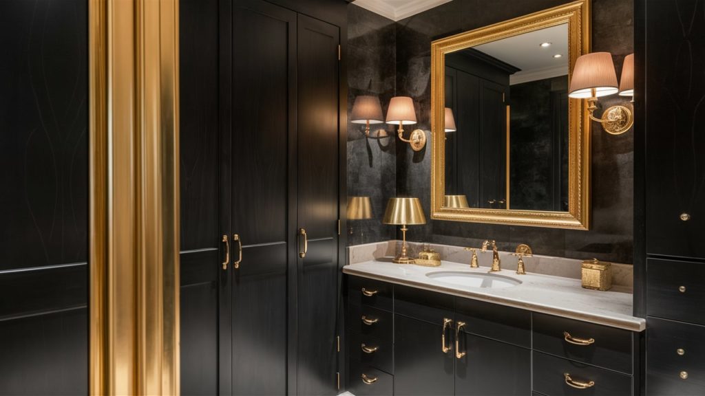 Luxurious bathroom with dark charcoal tiles, gold fixtures, a round mirror with backlighting