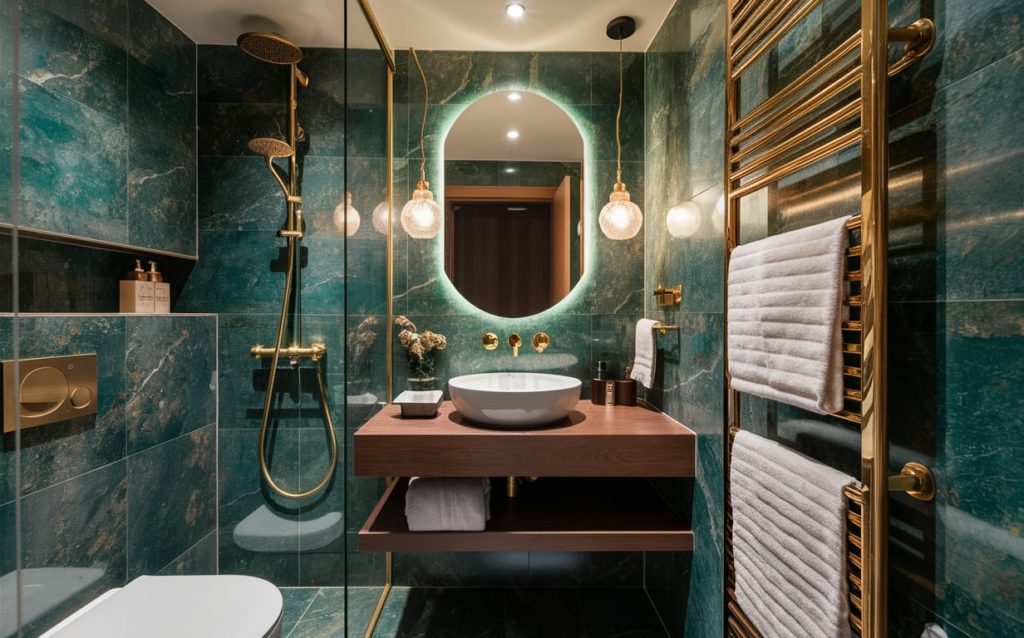 Luxurious bathroom with rich green marble tiles, gold fixtures, a floating wooden vanity with a round mirror, and warm ambient lighting.