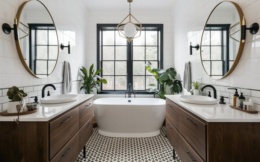 Close-up of Neat Nickel, White, and Black paint colors in a bathroom setting.