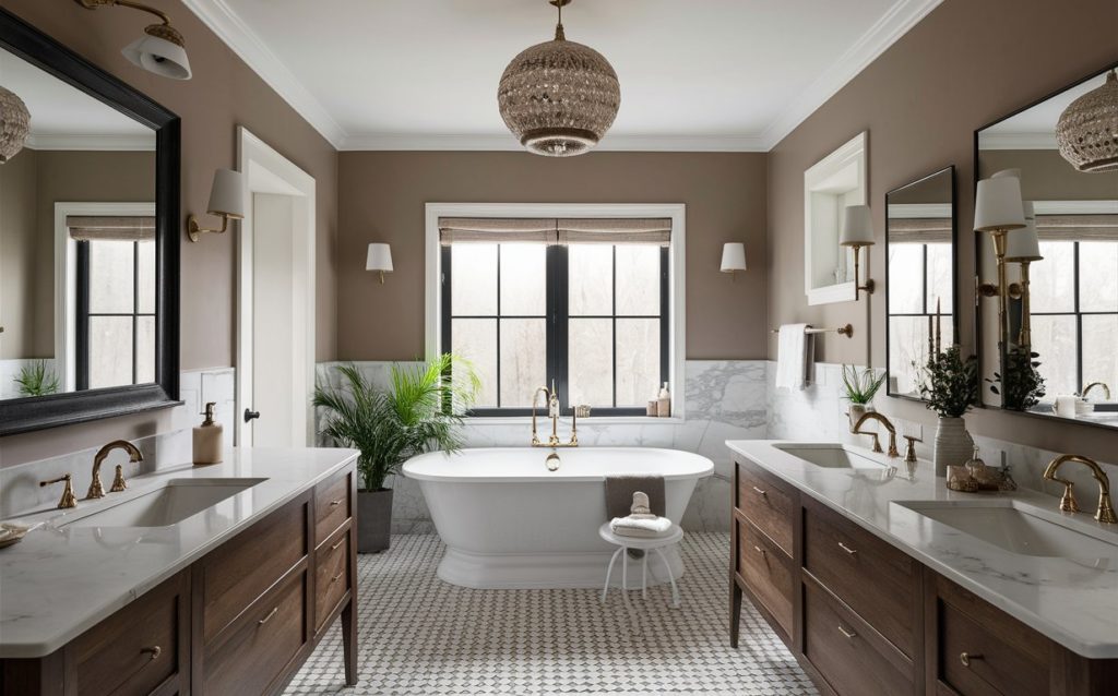 Neutral taupe, white, and black bathroom paint color palette