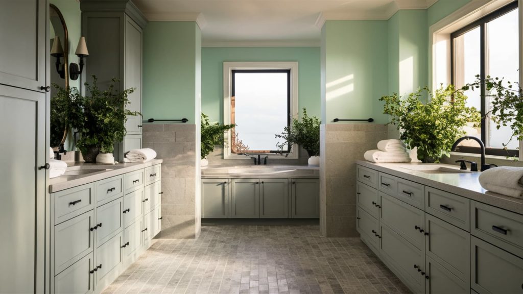 Serene bathroom featuring soft mint green walls, light grey accents,