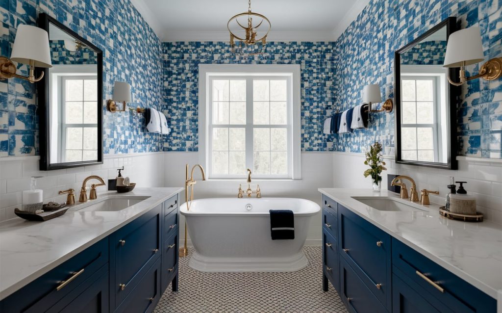 Calm and serene bathroom interior with sapphire blue and white paint