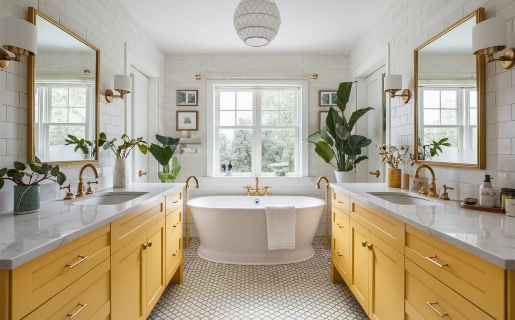 Inspiring bathroom color palette featuring sunny yellow and clean white