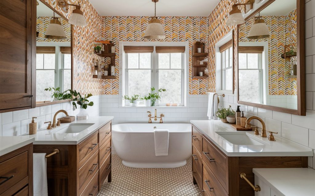 ropical White, Orange, and Green Bathroom Paint Color