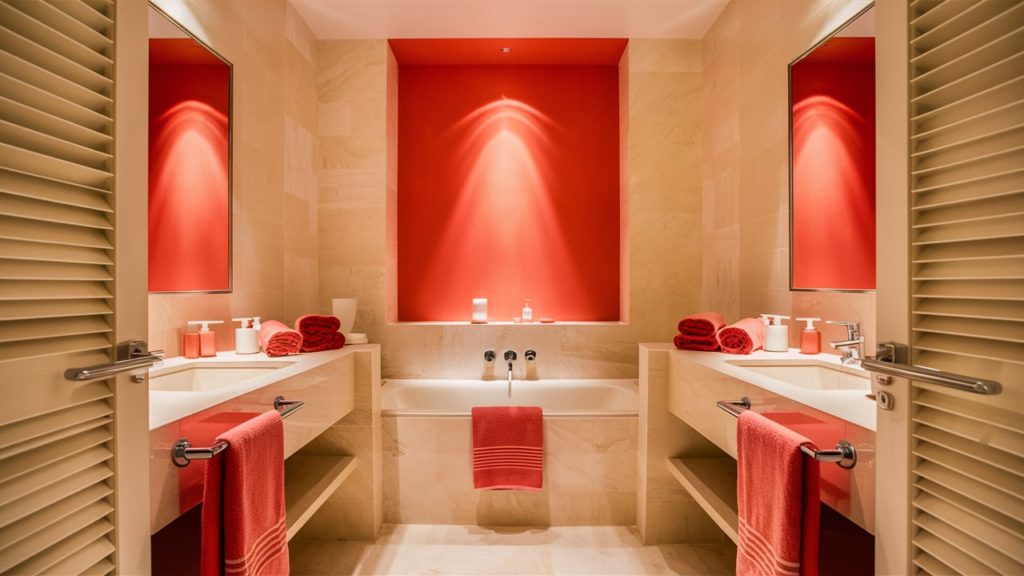 Cozy bathroom featuring warm coral walls, cream accents, a freestanding bathtub