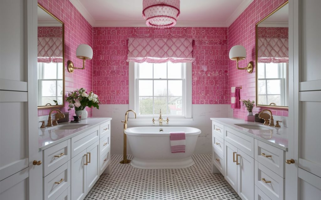Fresh and modern bathroom with pink and white paint colors