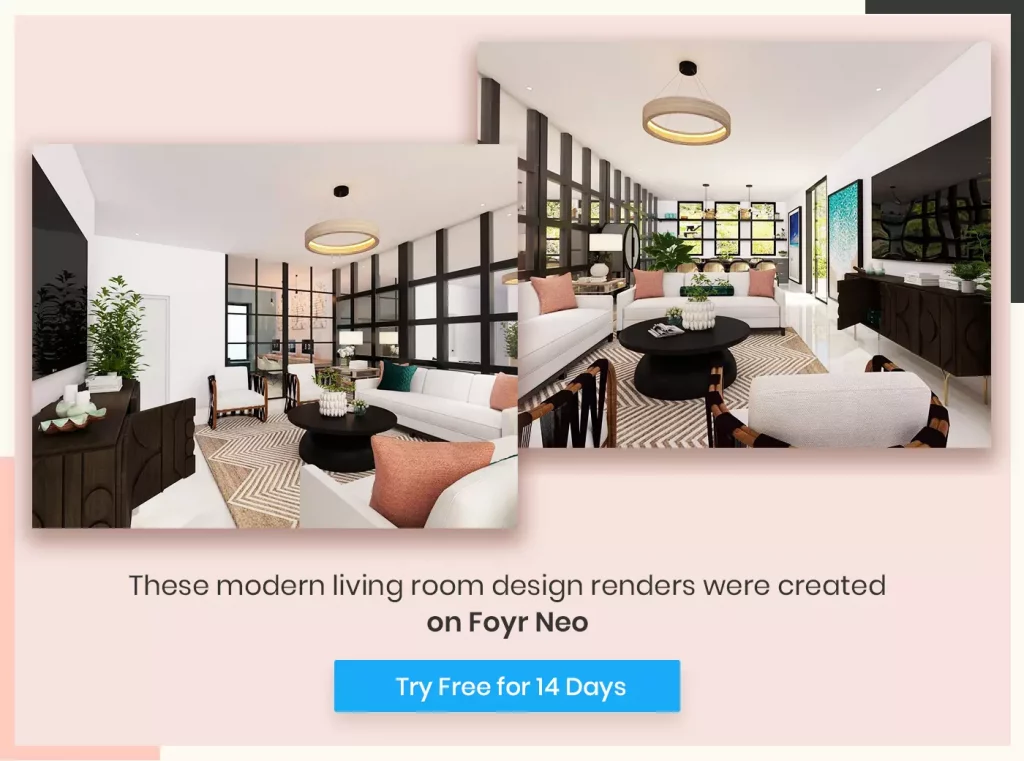 Living room render done using Foyr Neo