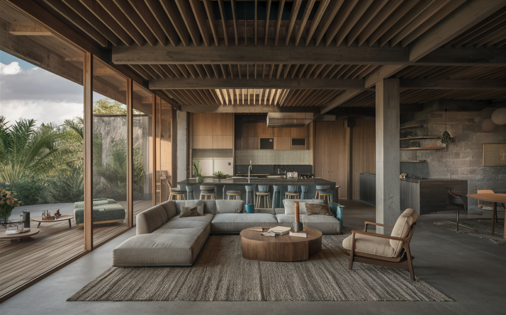 Living room with furniture and kitchen