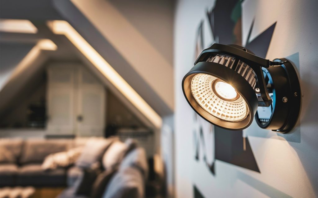 Black gimbal recessed spotlight in a living room