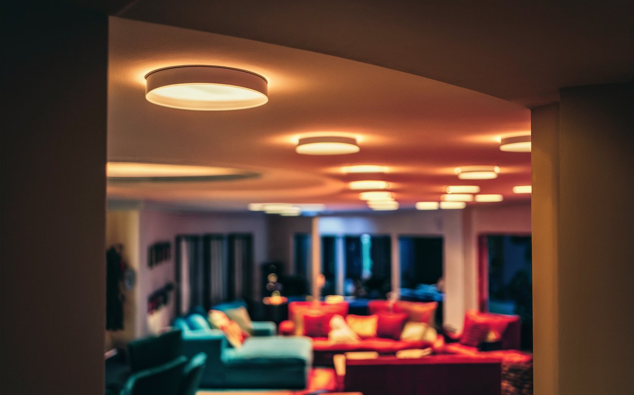 A comfortable living room with recessed lighting