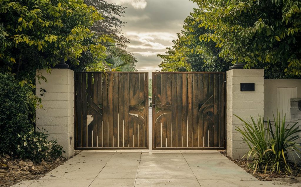 Rustic Patina Steel Gate leading to a pathway
