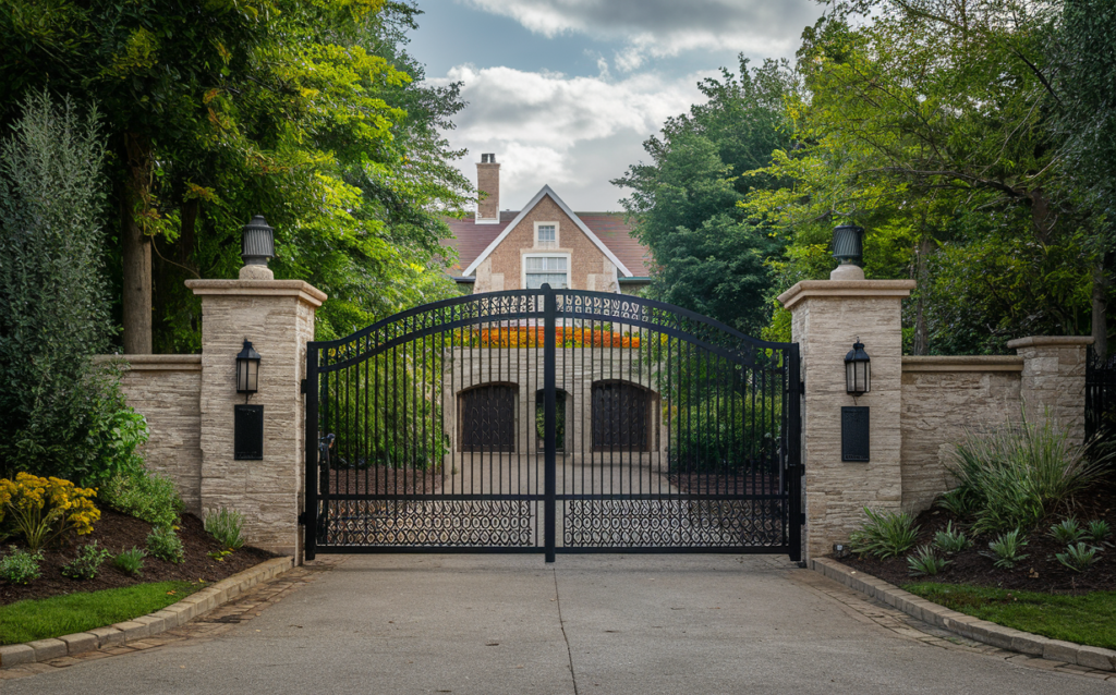 Signature Braided Gate with a house in the background