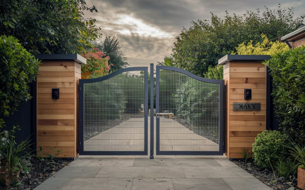 Stainless steel gate with flower pots on a brick path