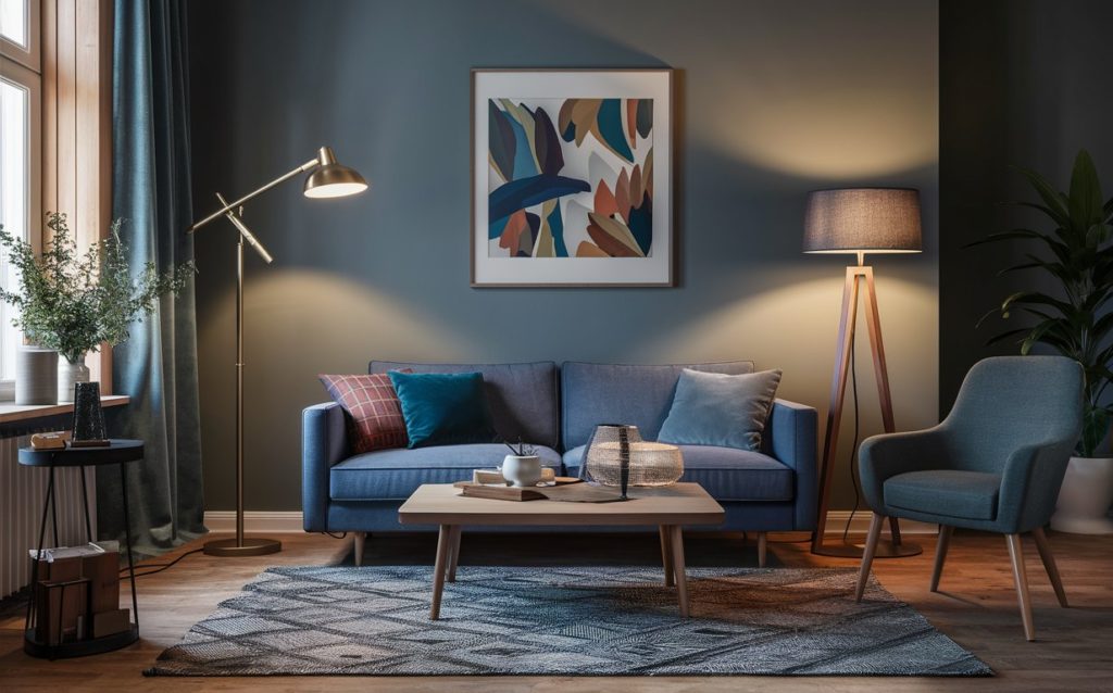 living room with floor lamps for ambient lighting