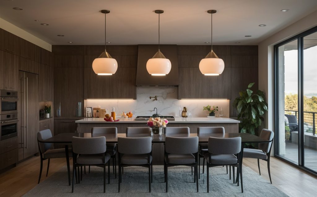 kitchen pendant lights illuminating a breakfast bar