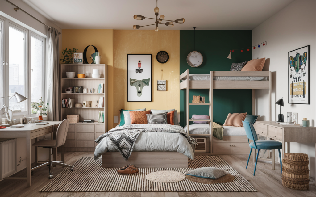 Teen Bedroom with bunk beds, desk, and rug