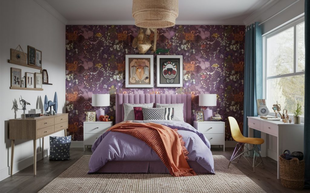 Teen Bedroom with floral wallpaper and wooden furniture