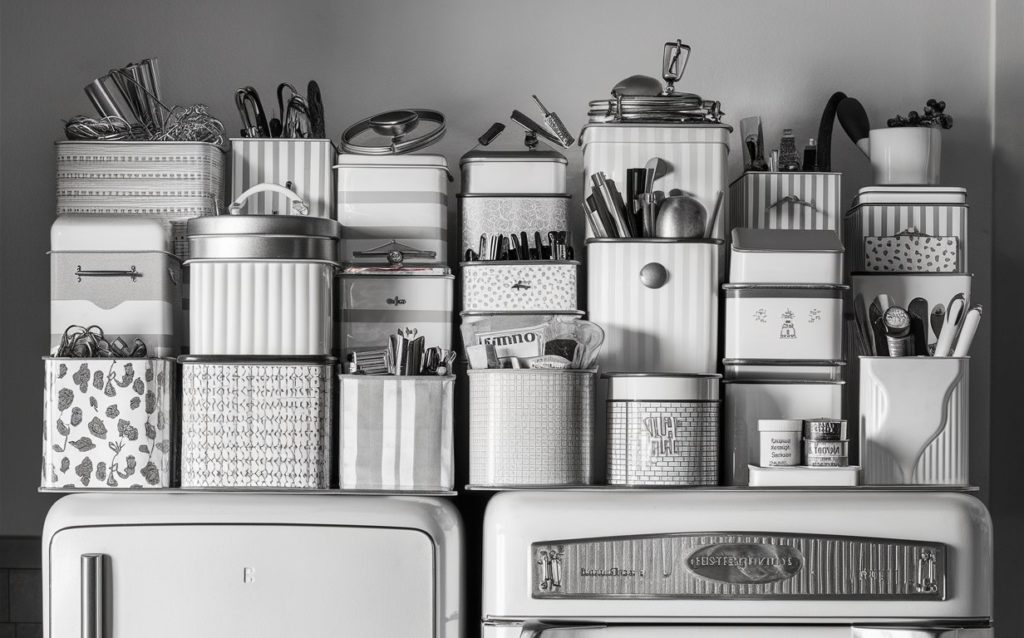 Assorted storage containers including bins, tins, and canisters arranged neatly