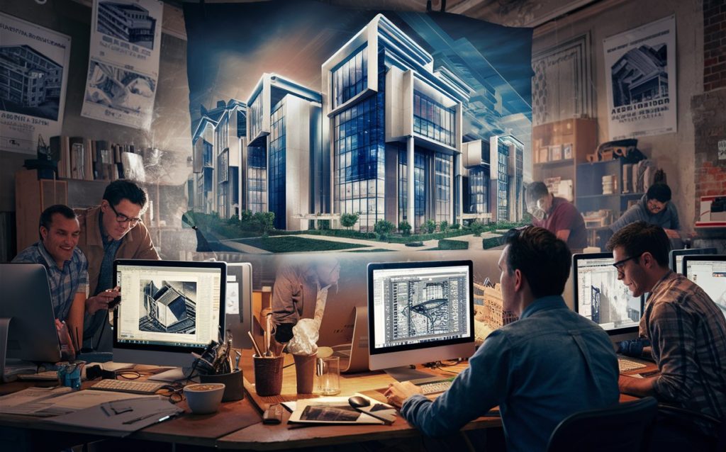 Architects designing a floor planning on computers
