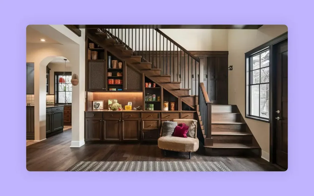 A functional storage staircase design with integrated wooden cabinets and shelving.