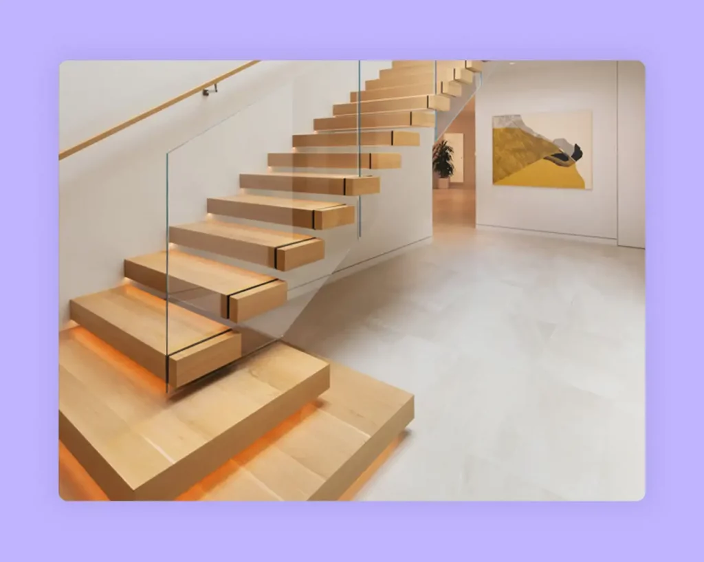A modern cantilever staircase idea featuring floating wood treads and glass railings. 