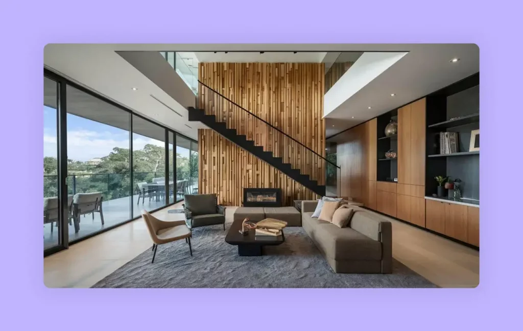 A modern industrial staircase design against a textured wooden feature wall.