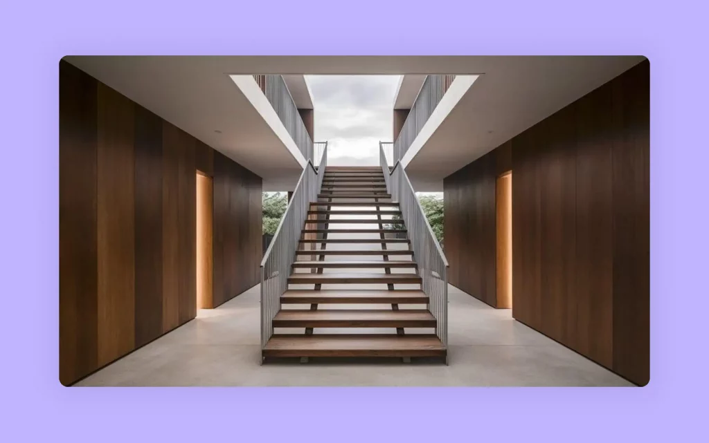 A modern straight staircase design idea with open wooden treads. 