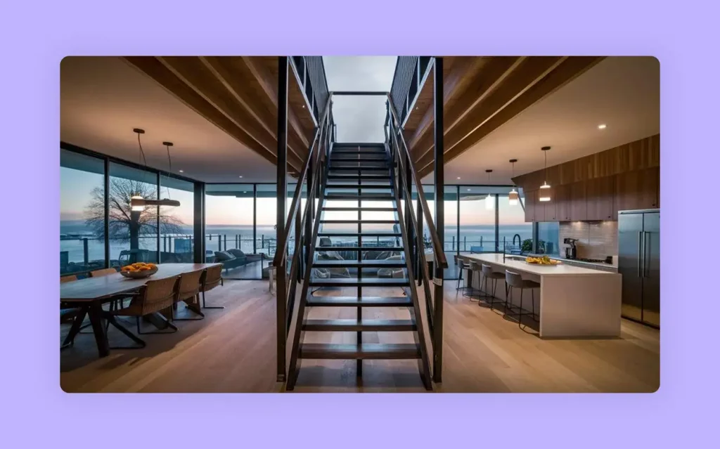 A straight staircase with wrought iron railings and handrails.