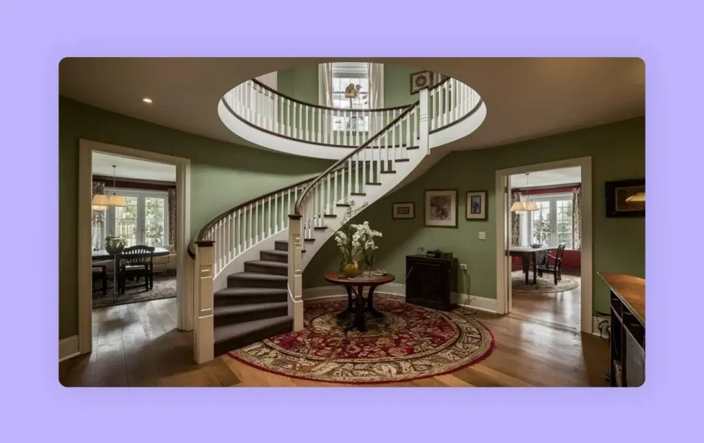 A vintage staircase featuring a classic curved design in a green foyer.