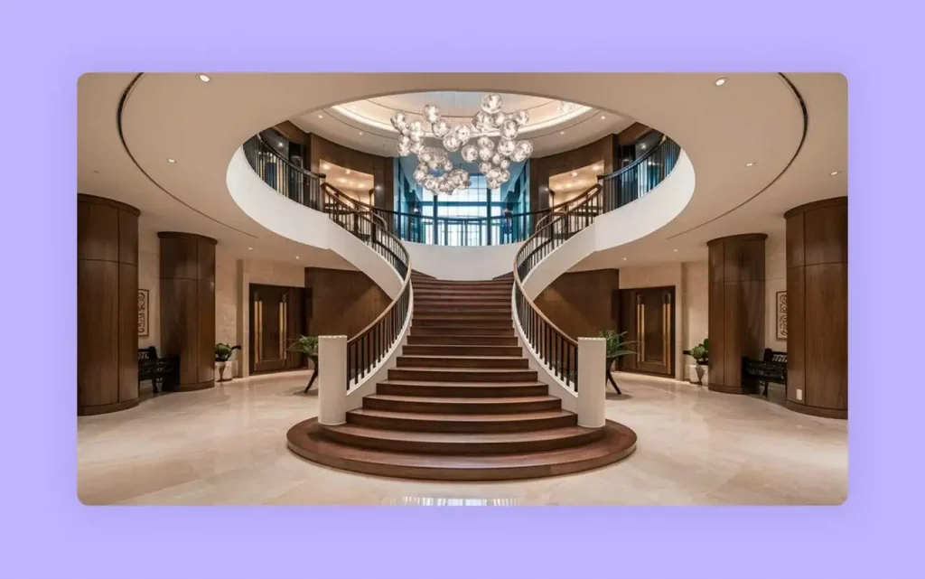 An elegant interior staircase design idea with a sweeping curved staircase. 