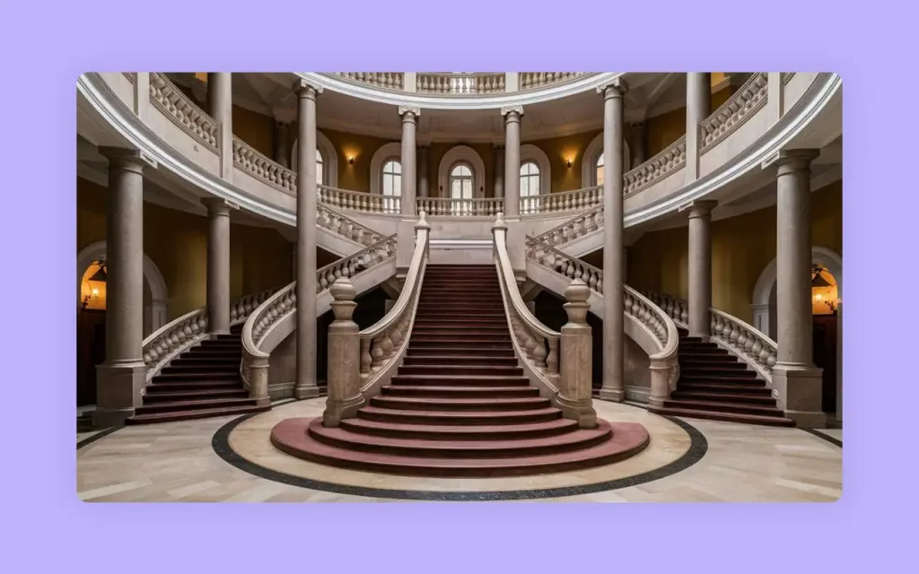 An impressive bifurcated staircase design in a grand hall with stone columns. 
