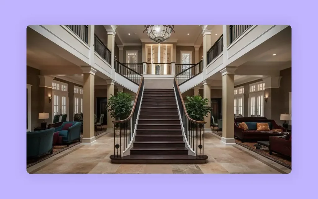 Grand straight stairs with a central landing in a luxurious lobby. 