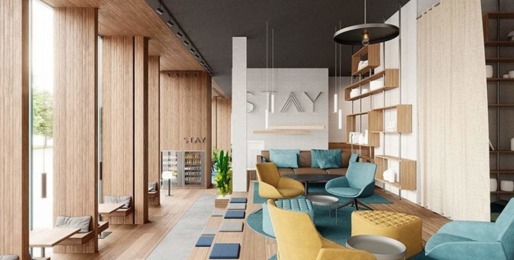 Communal workspace with ergonomic furniture in a co-living environment