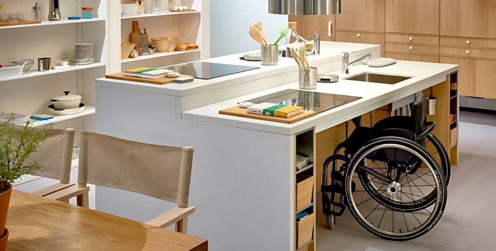 Adjustable kitchen countertops for accessibility and ease of use.